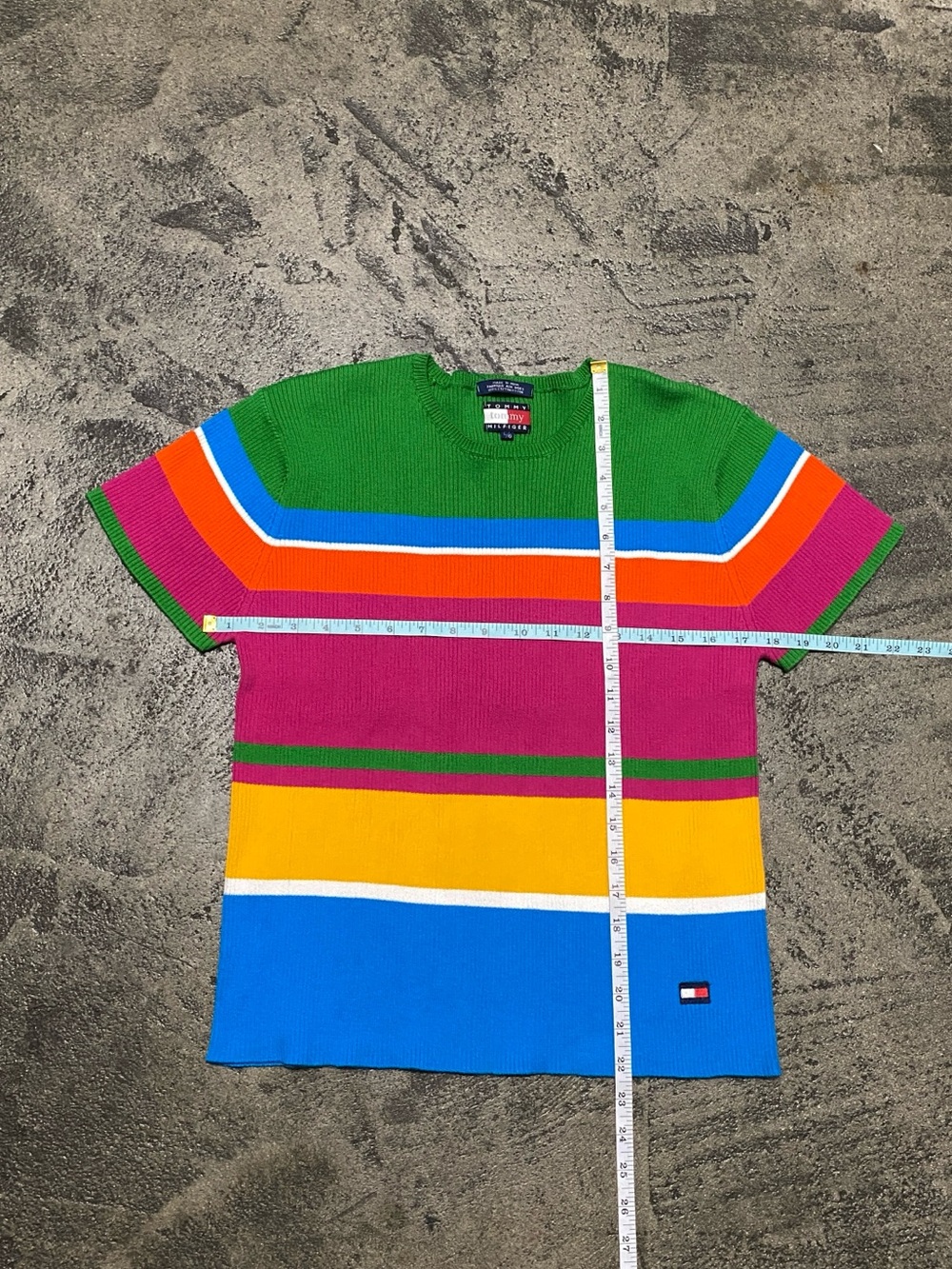 Tommy Hilfiger Green Pink Yellow Blue Striped Knit Tee